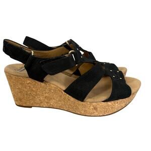 Clarks Collection Womens Soft Cushion Black Gold Studded Wedges Size 10